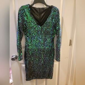 Sequin Long-Sleeve V-Neck Dress in Green and Black